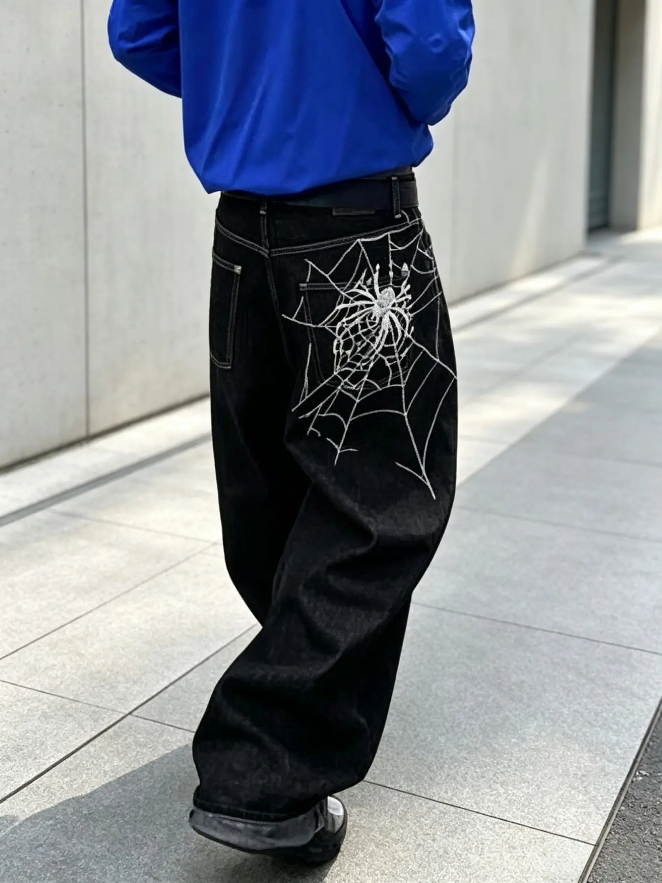 New Arrival Streetwear Straight-Leg Jeans, Spider Web Embroidery, American Retro Casual Long Pants for Men, All Seasons Loose-Fit