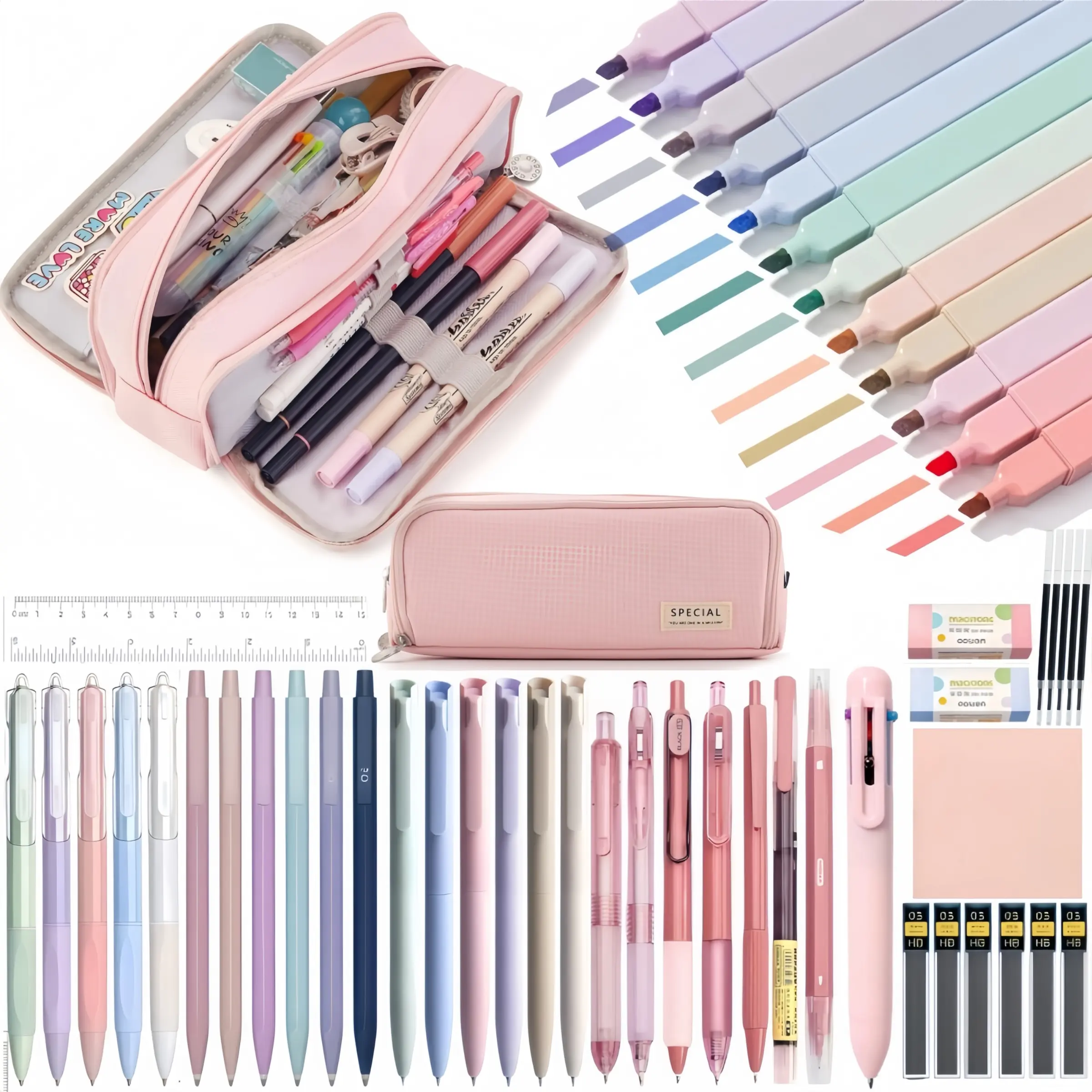 1Set/53PCS Morandi stationery set,back to school,Large Capacity Pencil Case,black gel pens,6PCS Morandi 0.5mm mechanical pencil,12PCS Color Pastel Highlighters,sticky note,eraser,ruler,Cute Office School Supplies Gifts for Women Men,school supplies