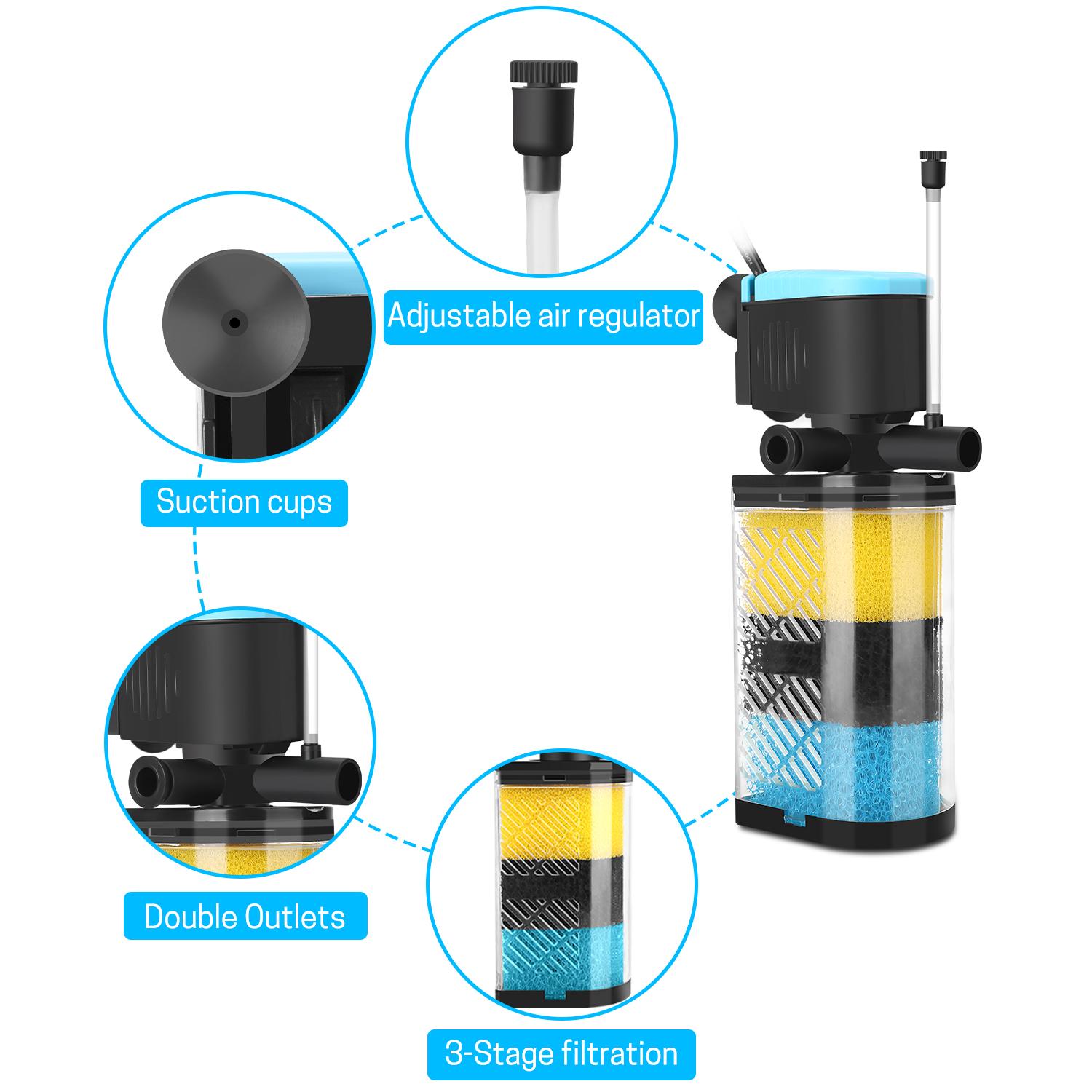 Filter 3-Stage in-Tank Filter Internal Fish Tank Filter Turtle Filter for 10-100 Gallon Fish Tanks with Dual Water Outlet & Aeration aquarium filter multiple function Aquarium Interna Turtle Tank Filters Submersible Internal