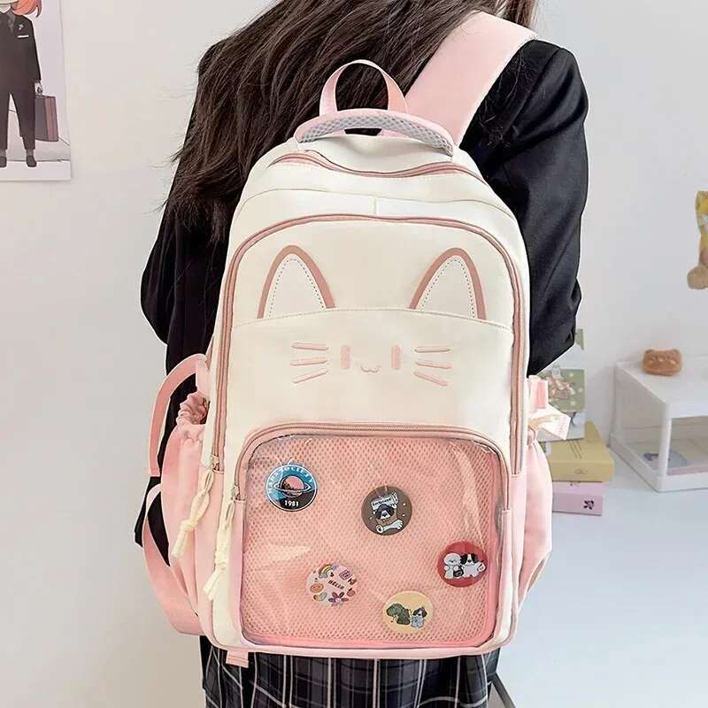 Y2K Cute Cat Ita Backpack Large Capacity Knapsacks Casual Girl Transparent DIY Display Rucksack Cartoon Trendy Travel Schoolbags