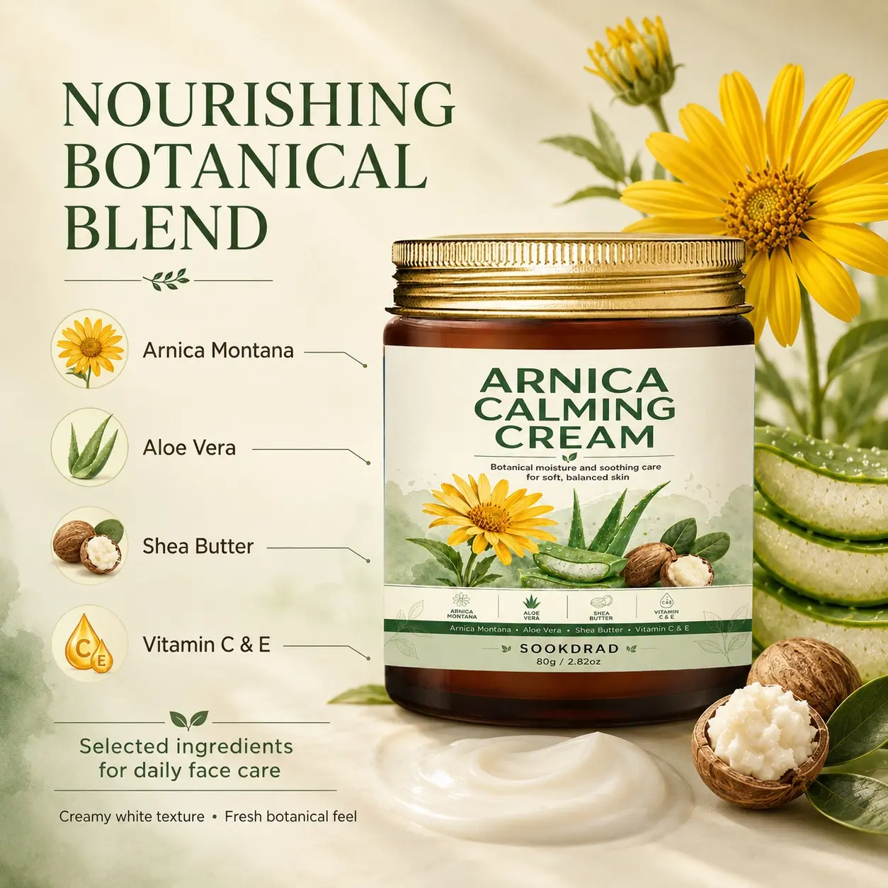 Arnica Calming Cream, Arnica Montana, Aloe Vera, Shea Butter, Vitamin C, Vitamin E, Soothing, Moisturizing, For Soft Balanced Skin, 80g