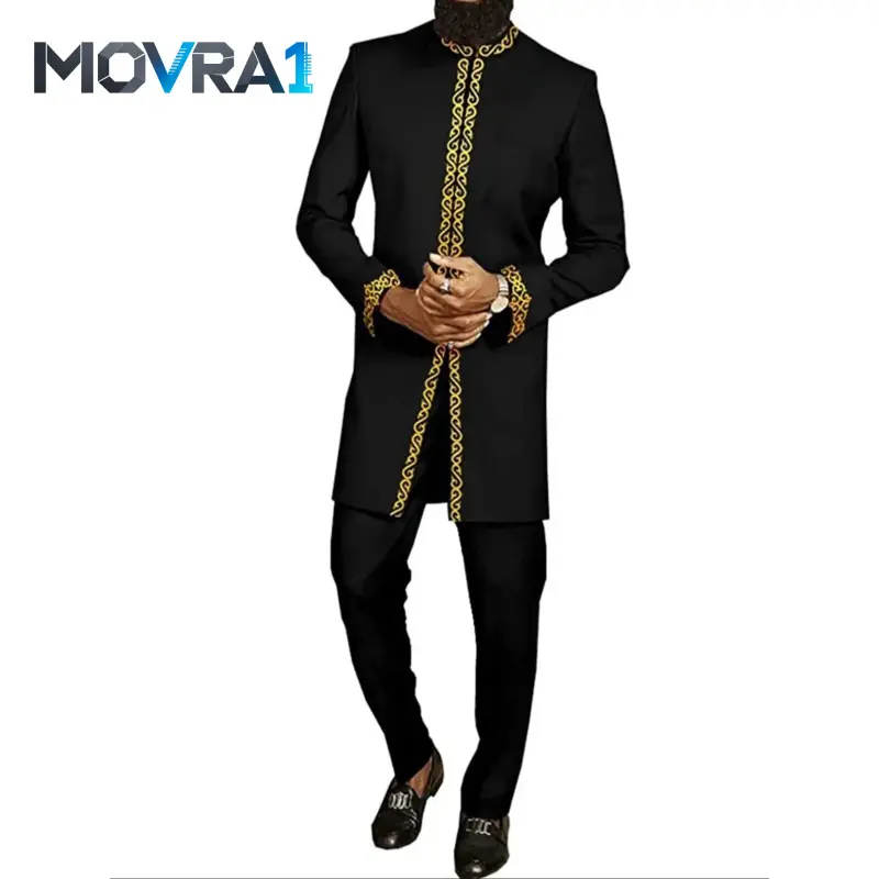 MOVRA1 Men's Ethnic Pattern Embroidery Zipper Stand Collar Top & Pants Set, Traditional Long Sleeve Split Hem Top & Pants Set, Two-piece Outfits Men 80s Fashion, Going Out Outfits, Casual Kurta, Kurta Clothing