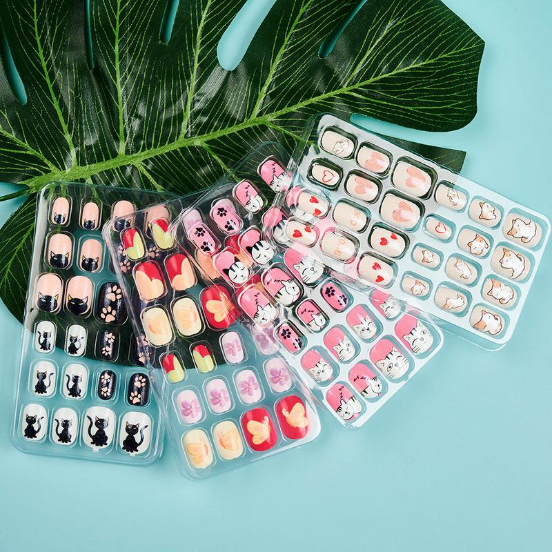 24Pcs/Box Children False Nails Kids Cartoon Girl Press on Nail Short Artificial Fake Nail Safe Full Cover Acrylic Nail Tips Kits