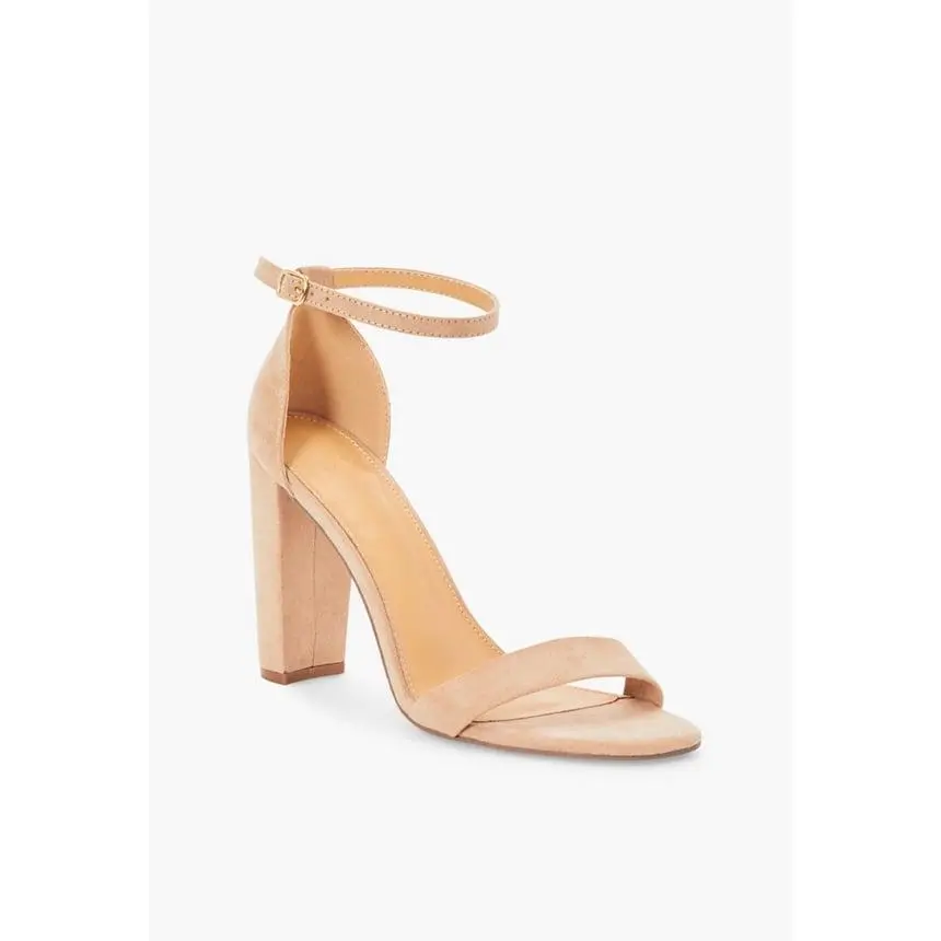 JUST FAB Women's Suede Single Strap Block Heel Sandals Adjustable Gold Buckle Ankle Strap Elegant Office & Wedding Guest Heels Wide Feet
