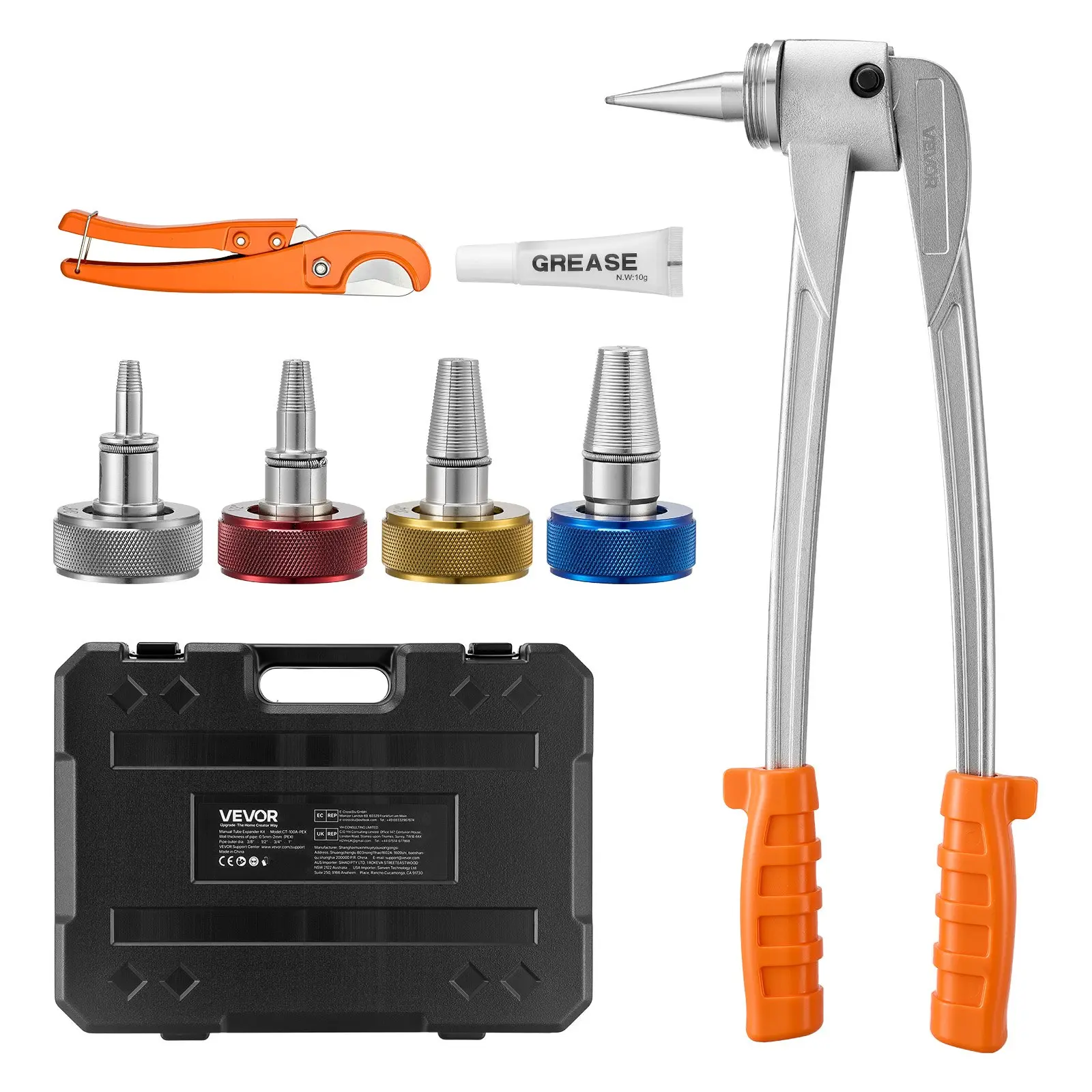 VEVOR PEX Pipe Expander Tool Kit, Manual Tubing Expansion Tool for 3/8", 1/2", 3/4", 1" PEX Pipes - with 4 Expanding Heads, Pipe Cutter Carrying Case for Radiant Heating Water Plumbing System