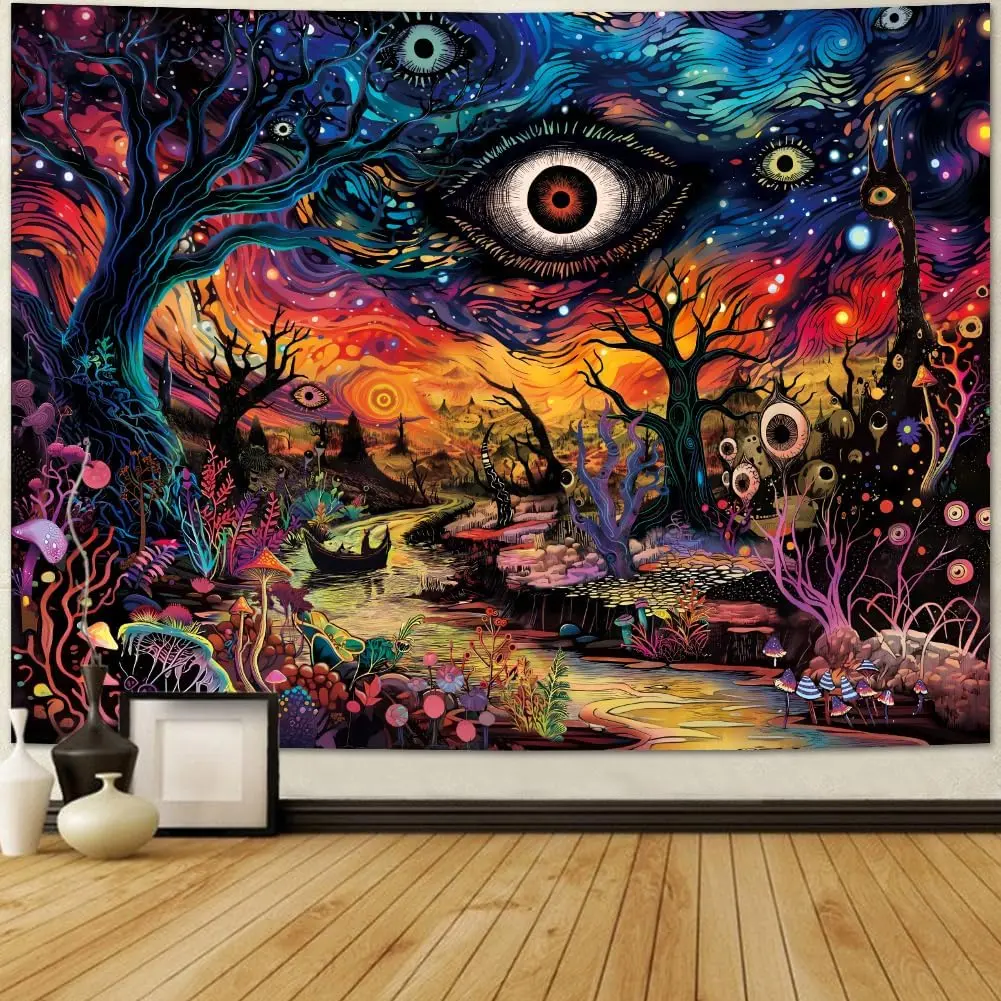 Evil Eye Polyester Fabric Tapestry - Trippy Psychedelic Forest Hippie Mystic Abstract Aesthetic Wall Hanging, Lightweight Indoor/Outdoor Decoration & Gift for Bedroom Home