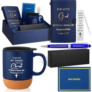 Shellwei 6 Pcs Fathers Day Christian Gift for Men 13.5 oz Mugs with Cork Bottom Leather Bible Notebook Religious Metal Bookmark Pen with Box Greeting Card Birthday Gift for Father Men Church(Blue)