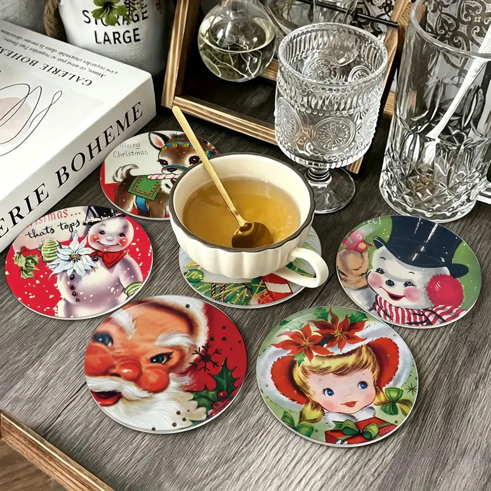Christmas-Themed Coasters, Santa Design Round Pet Cup Mats, Ideal for Kitchen, Living Room, Party Decor, Holiday Gifts