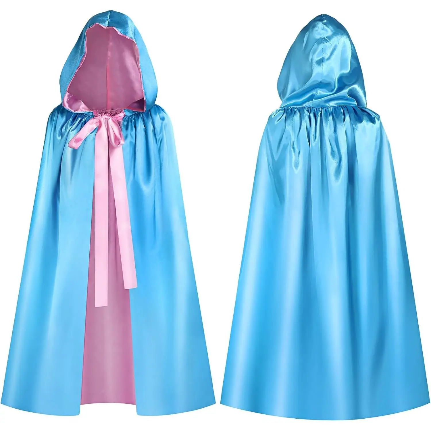 Blue Fairy Hooded Cloak Costume for Women, Polyester Princess Cosplay Cape with Pink Ribbon(Gift)