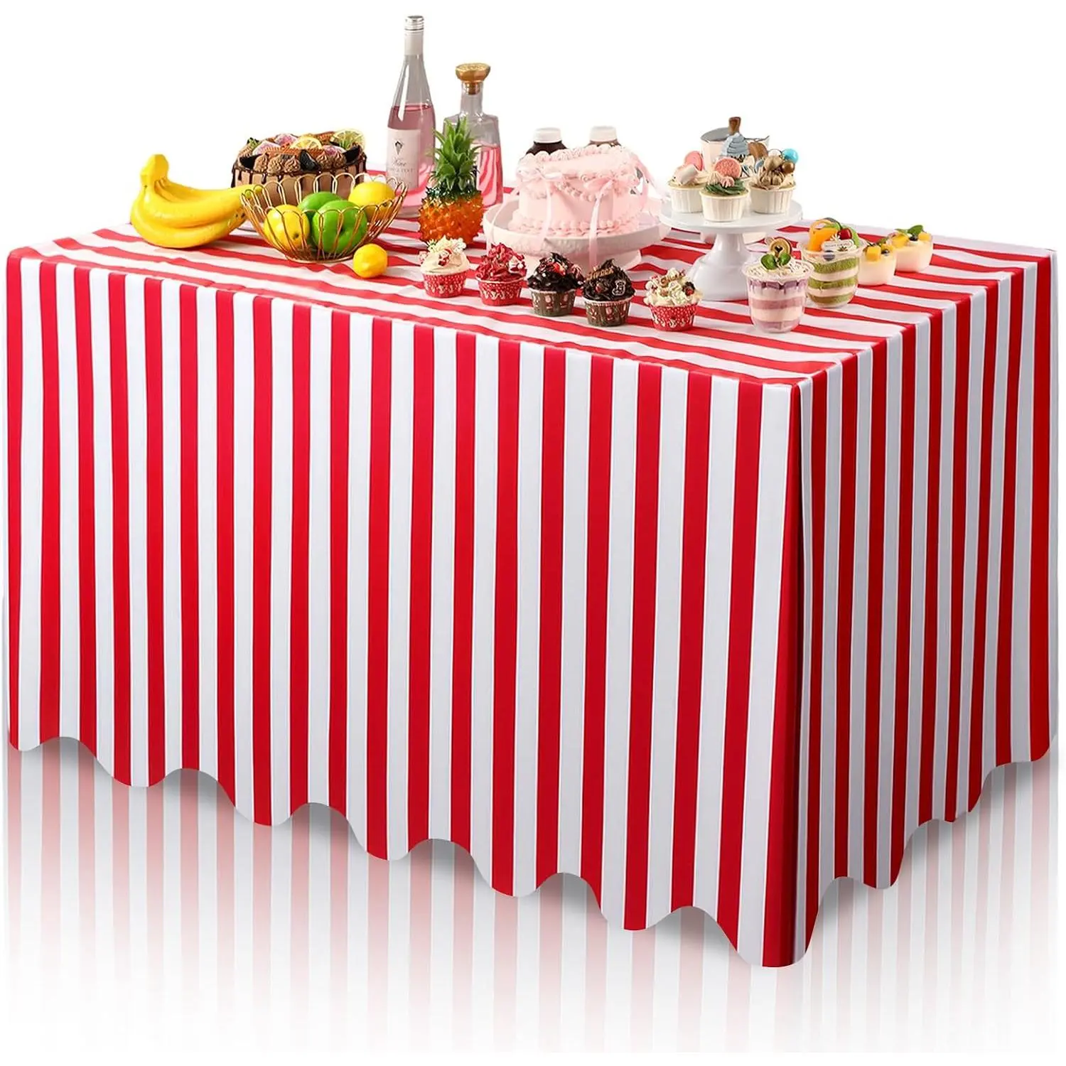 Thinkday Rectangle Red and White Striped Tablecloth - 70x30", Waterproof Reusable Polyester Tablecover, 6ft Carnival Party Decor for Picnic Outdoor Holiday Home Supplies