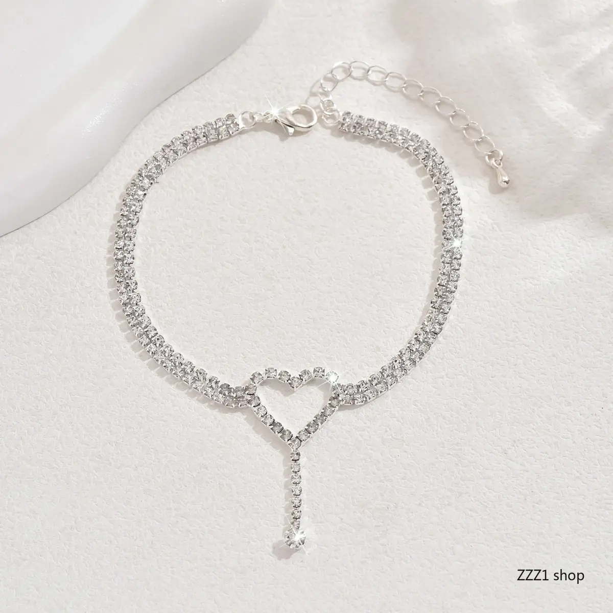 Women's Rhinestone Tassel Anklet, Adjustable Sparkly Heart Crystal Ankle Jewelry, Skin-friendly Shiny Inlaid Beach Accessory, Ideal for Seaside Vacation & Summer Casual Outfits