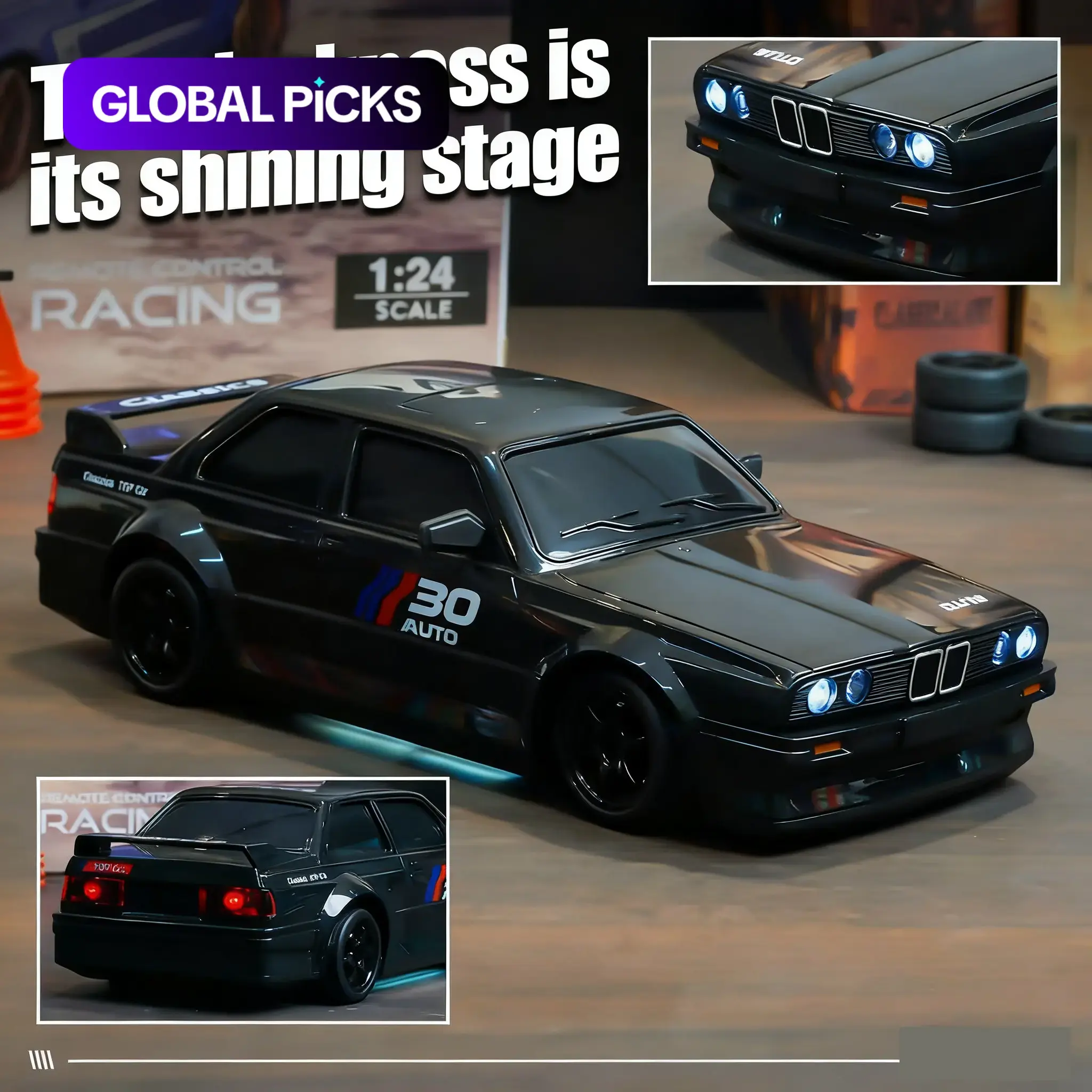 1:24 Remote Control Drift Car, 2.4GHz 4wd, LED Lights, Road Obstacle Tool, Birthday Gift, USB PD Charging, Lithium Battery Included