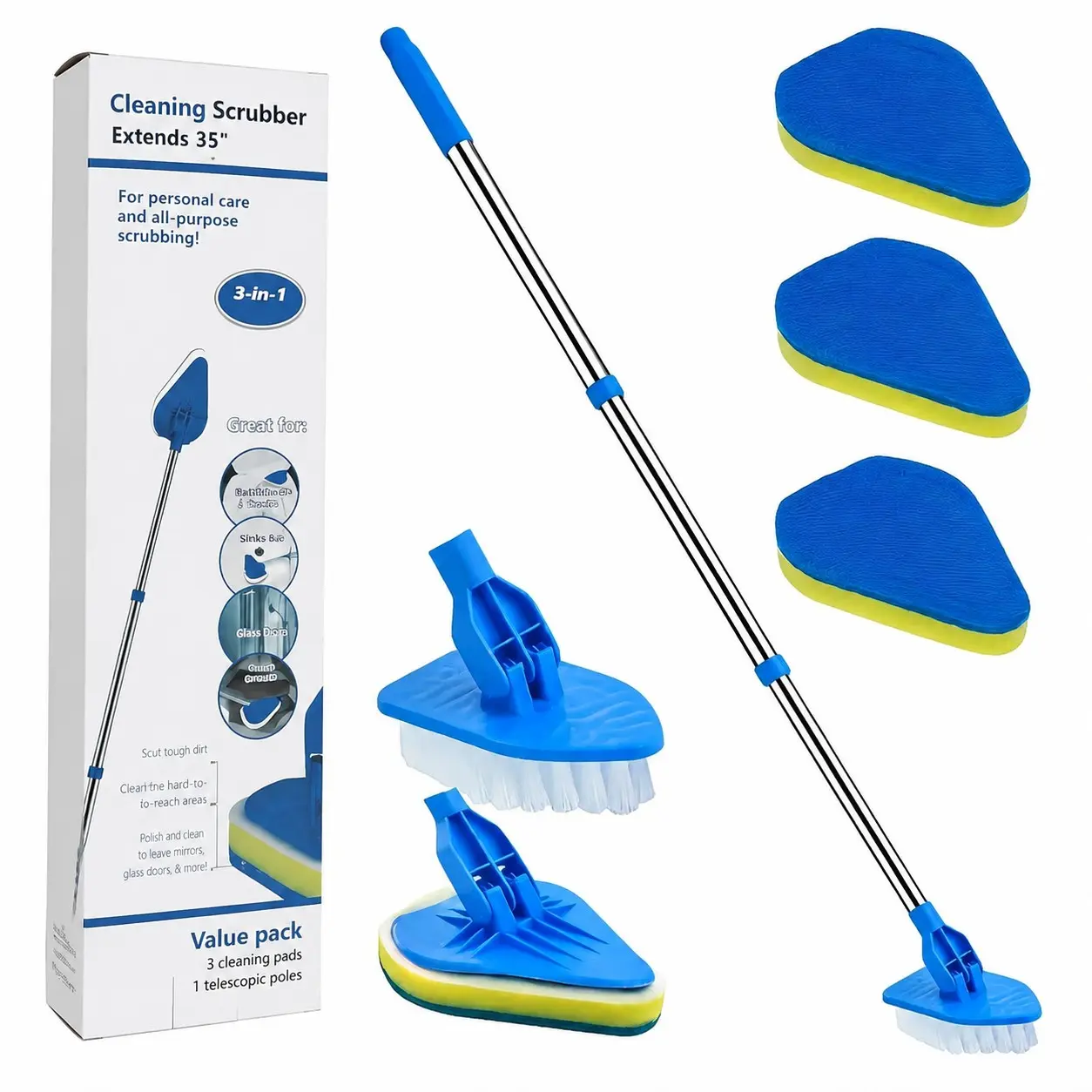 34" Extendable Tub & Tile Scrub Brush Set, 2-In-1 Shower Cleaner, Stainless Steel Handle, 3 Sponge Heads, Non-Scratch Cleaning Tool, Bathroom Cleaning Tools