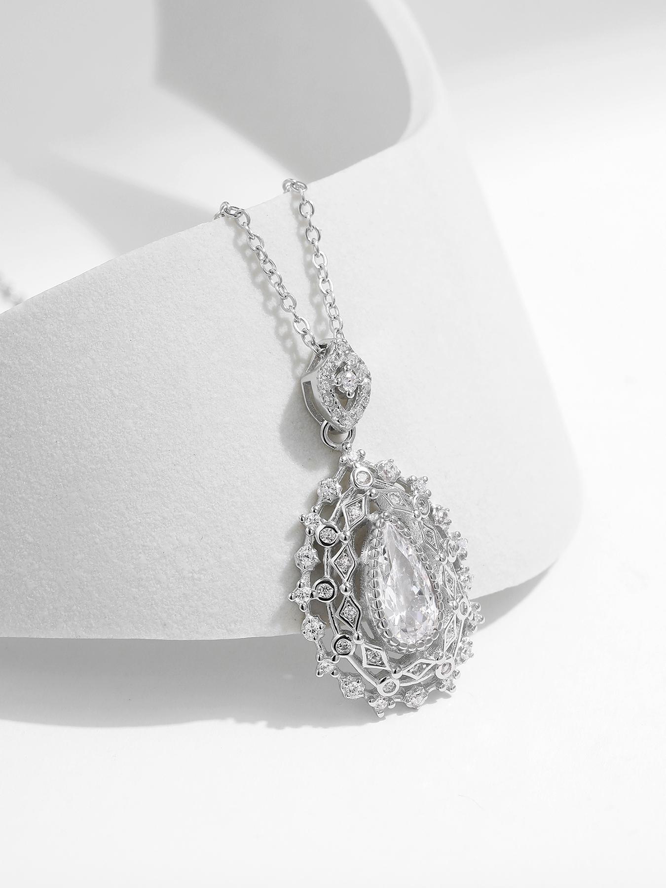 925 Sterling Silver Fashion Water Drop Shaped Artificial Zircon Decor Pendant Necklace for Women, Trendy All-match & Exquisite Jewelry for Birthday Gift