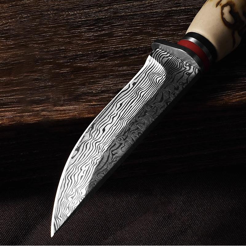 Multi-functional Knife with Angular Handle, Stainless Steel Damascus Pattern Meat Cutting Kitchen Knife, Sharp Fixed Blade Knife with Sheath, Good helper tool for Home Cooking and Outdoor Camping.