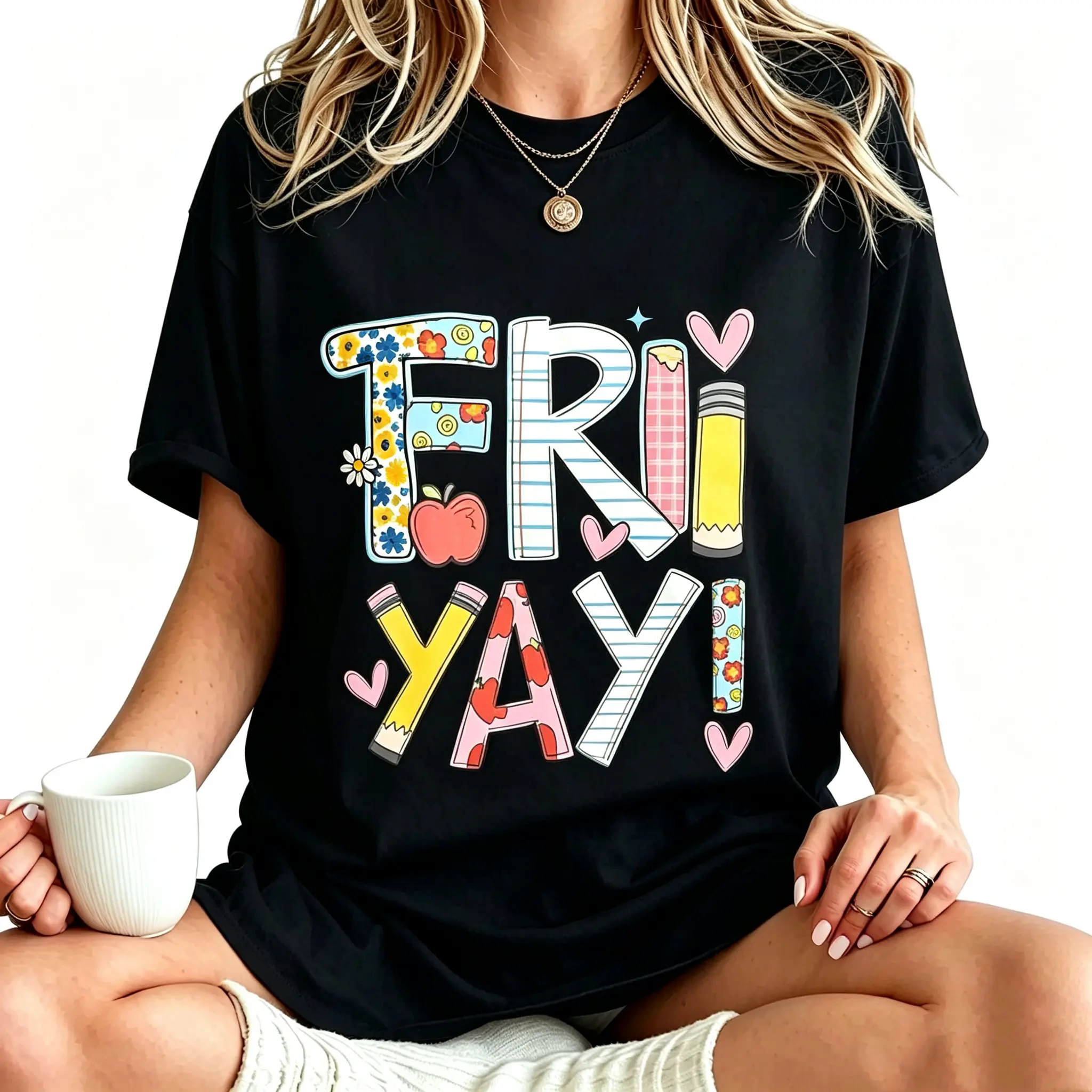 Fri-Yay Happy Friday Funny Weekend Teacher Back To School T-Shirt Fabric Sleeve  Golf Gift T-Shirt For Men and Women