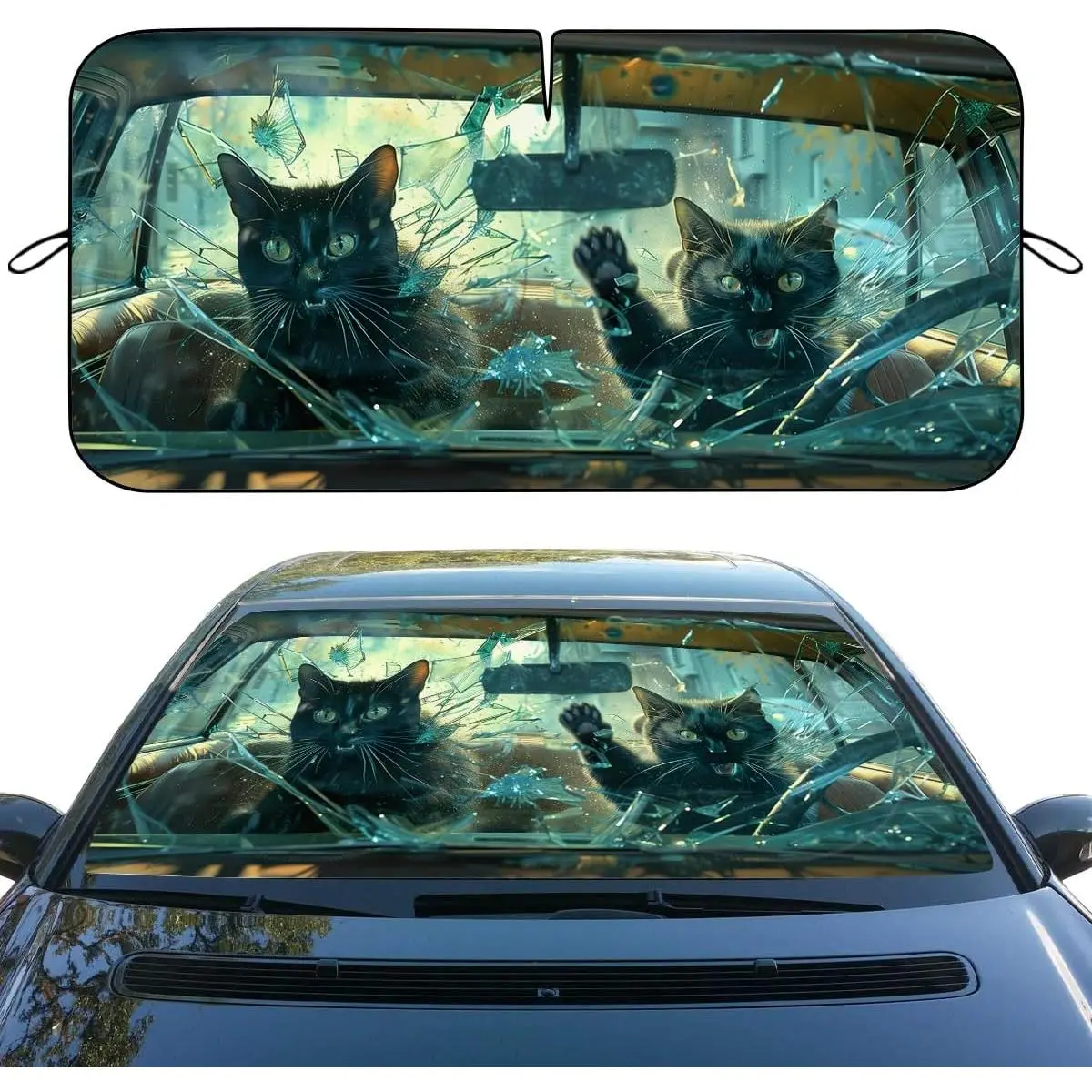 Funny Synthetic Car Windshield Sunshade - Folding Broken Glass Heatshield for Cars, Travel - Front Window UV Protection Visor Protector, 59" L x 31.5" W