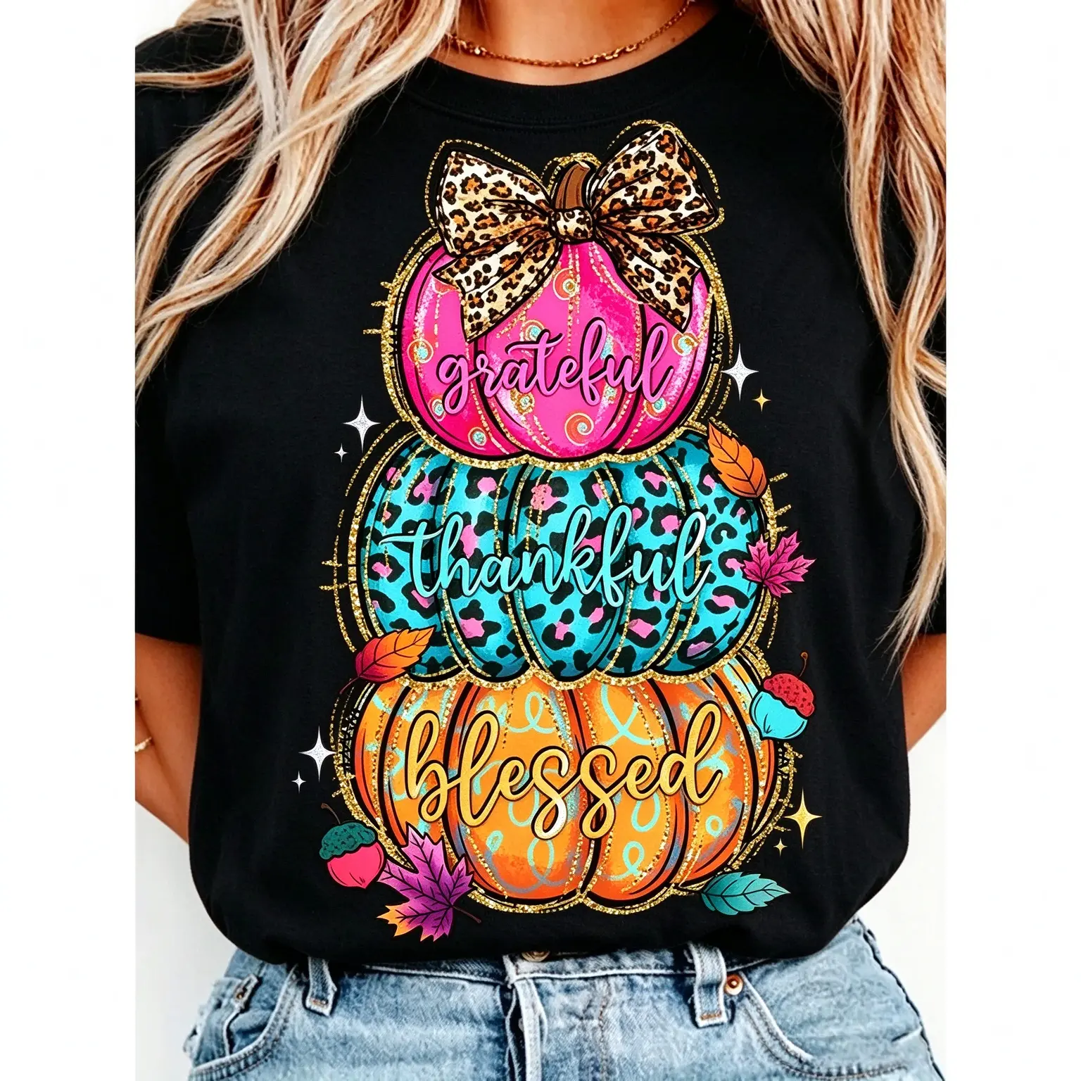 Women's Cotton Graphic T-Shirt Top - Short Sleeve, Round Neck, Casual Fit, Breathable Garment, Glitter Letters, Colorful Pumpkin Print, Leopard Bow & Leaf Patterns, Everyday Fall Gift (Pink, Orange)