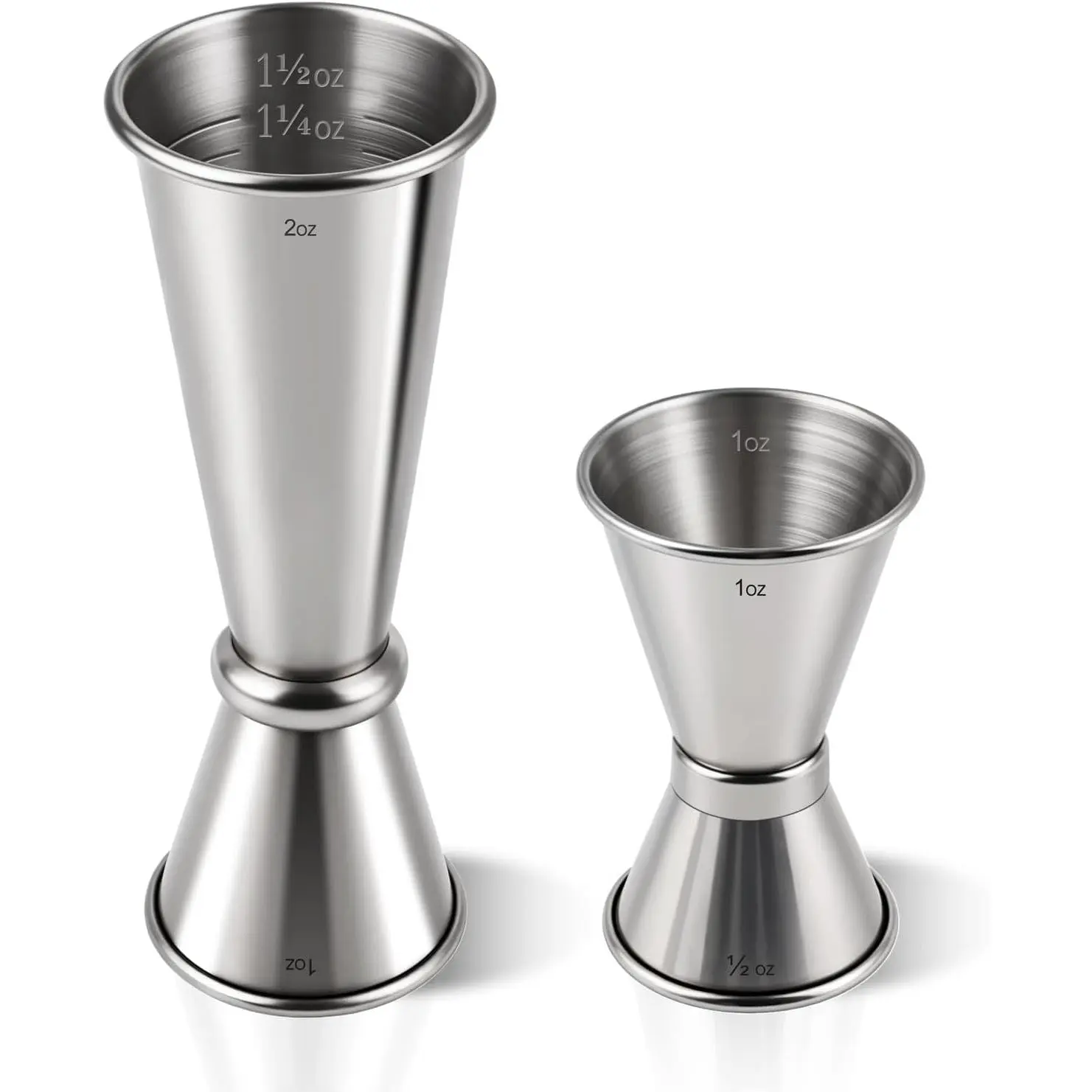 Stainless Steel 2-Piece Japanese-Style Double-Headed Cocktail Measuring Cup Set with oz Marks, 2 Sizes (1 oz/2 oz + 0.5 oz/1 oz) for Bartending, Home Use, Set-A, Ounce Marks