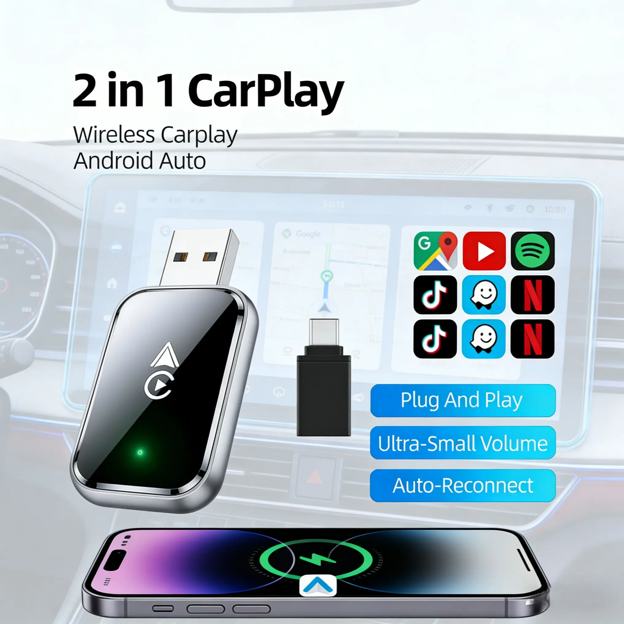 2026 New Wireless Carplay Adapter, Quick Connection, Supports iPhone & Android, Hands-Free Calling, Digital Signal/network, Metal Enclosure