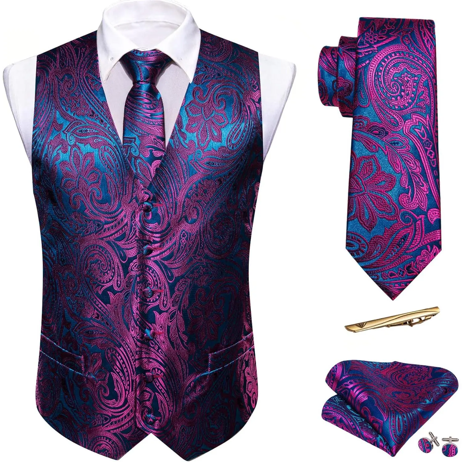 Mens Suit Vest Paisley/Flower Silk Jacquard Waistcoat Ties Set Formal/Leisure 5PCS