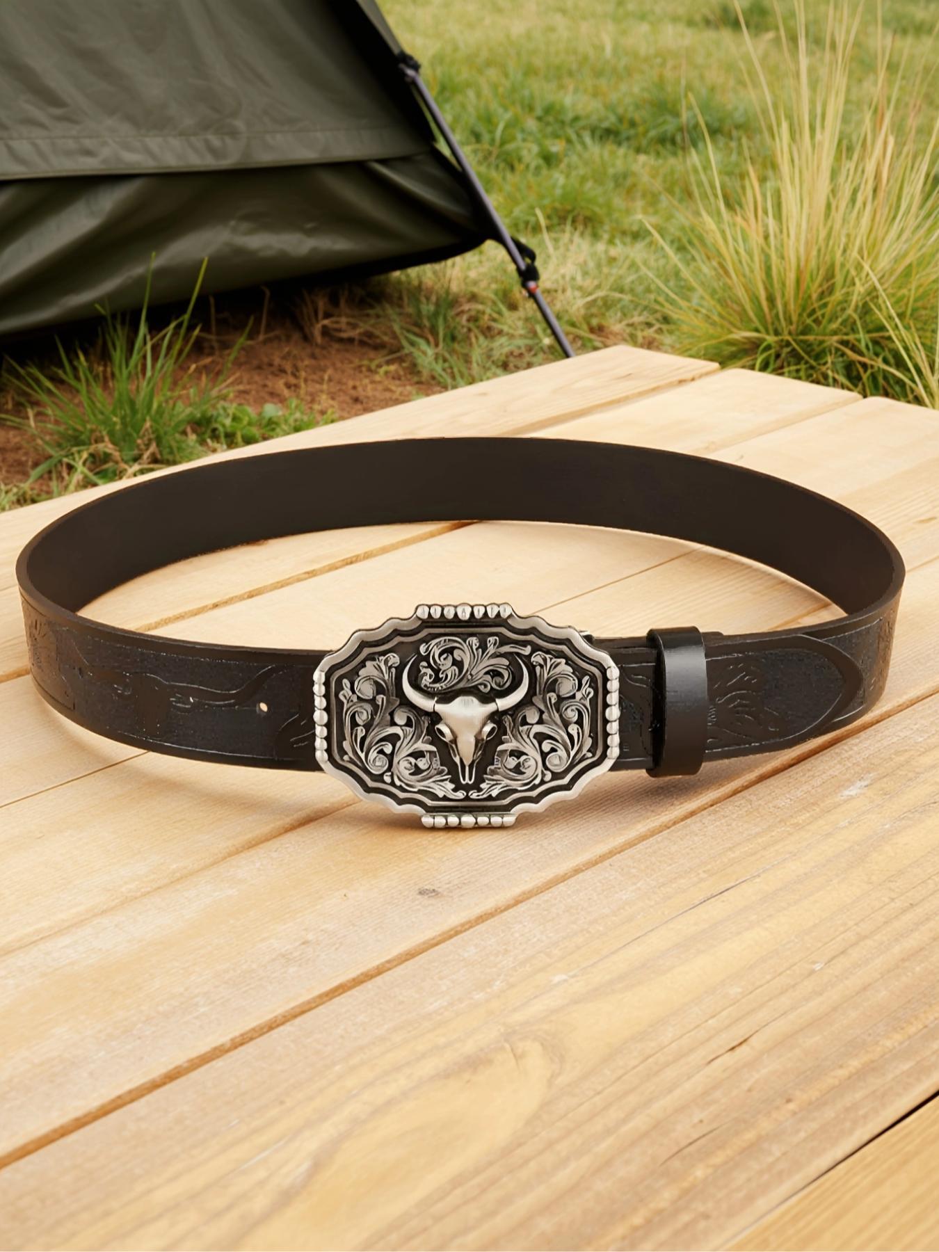 Boho Style Vintage Western Belt, Fashionable Ethnic Pattern Embossed Belt Buckle for Women & Men, Trendy All-match & Exquisite Belt for Birthday Gift