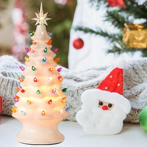 Table Top Christmas Tree, Hand Painted Resin Christmas Tree with Lights, Pre-lit Xmas Tree Decor Lighted Tabletop Decoration with Multicolored LED Bulbs, Ceramic-Like Finish Ornaments Green