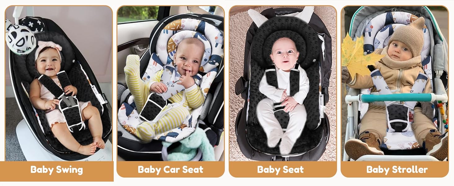 Infant Car Seat Insert with Removable Cushion for Baby Preemie Newborn Infant, Reversible carseat Insert Head Body Support Fits for Stroller, Baby Swing, Rocker, Bouncer, Bassinet - Black