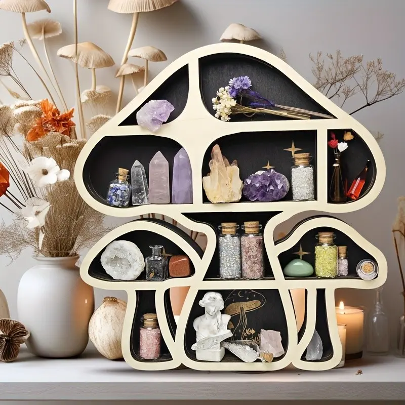 Mushroom Crystal Wall Shelf, Crystal Wood Rack, Gothic Home Decor, Floating Wall Mount, Stone and Essential Oil Display, New Year Gift