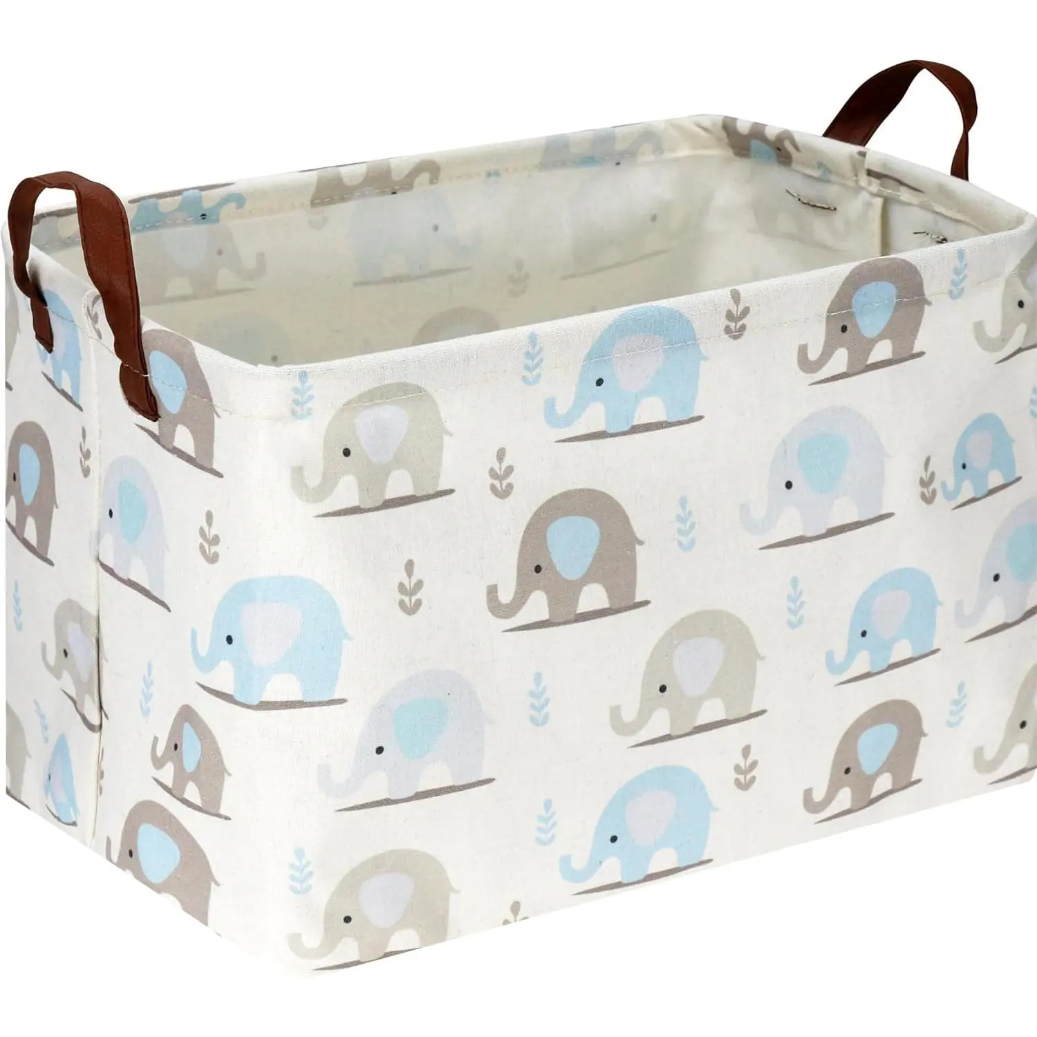 Rectangular Fabric Elephant Print Animal Organiser Basket, Foldable Collapsible Storage Basket with Handles, Ideal for Book Storage & Room Decor, Blue Elephant