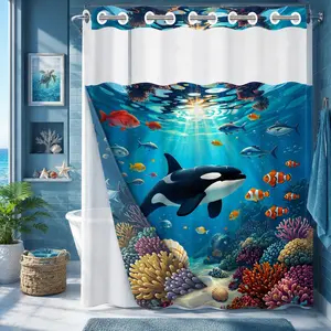 1 Pc Hookless Double Layer Shower Curtain, Orca & Coral Reef Print, Machine Washable Waterproof Mildew Resistant Fabric, Magical Ocean Home Bathroom Decor, Removable Snap-in Liner, Top See-Through Curtain, Bathroom Divider - 71"×74"