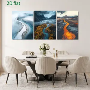 2D Flat Triptych Set, featuring 3 modern abstract natural-themed wall art pieces - Glacier/Autumn Valley River/Lava Flow canvas paintings, suitable for living room, bedroom, office decoration - Surrounding frame, ideal for minimalist spaces, a holiday gif
