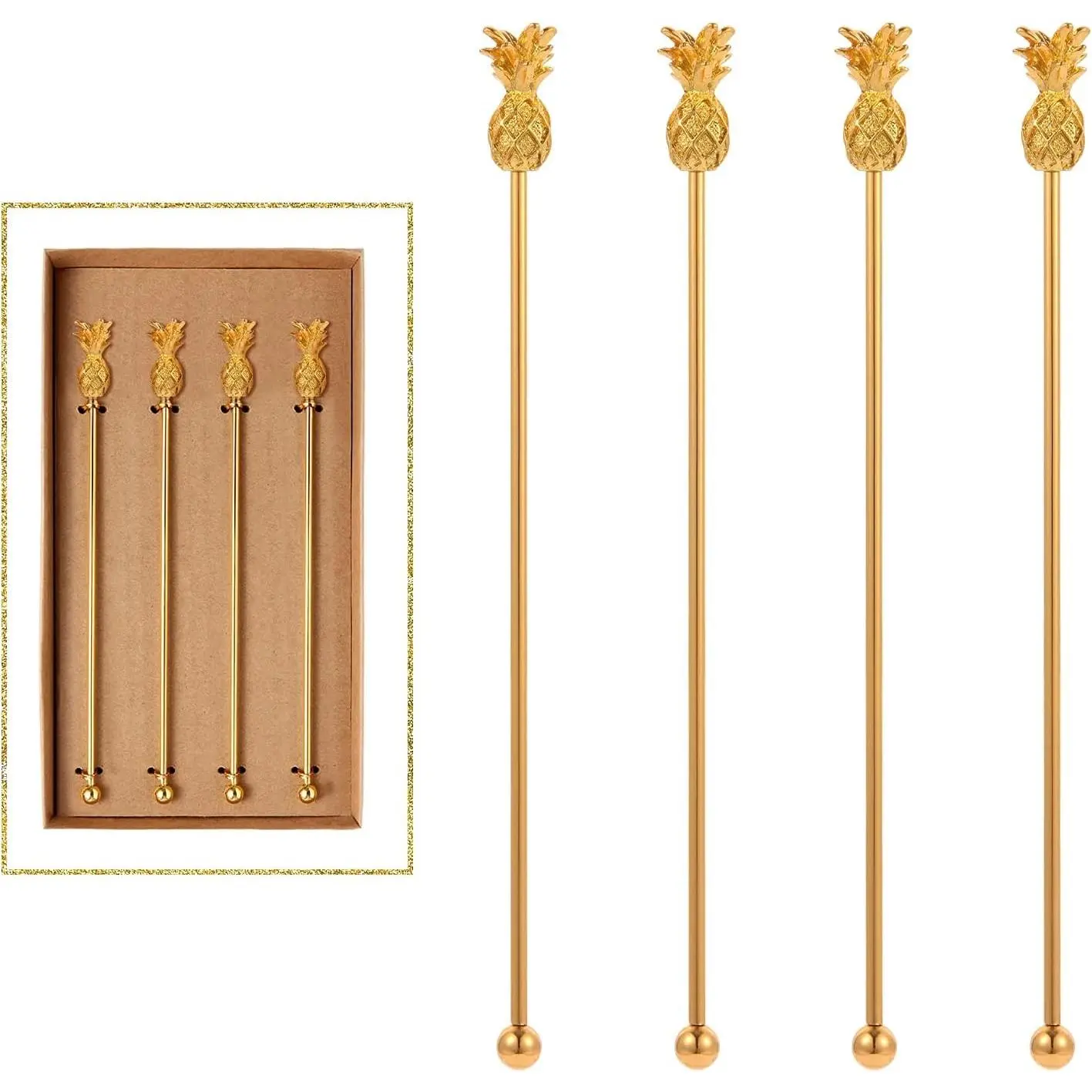 Drink Stirrer Sticks Stainless Steel Coffee Beverage Stirrers Set of 4 Cocktail Swizzle Stick 7.28" Gold