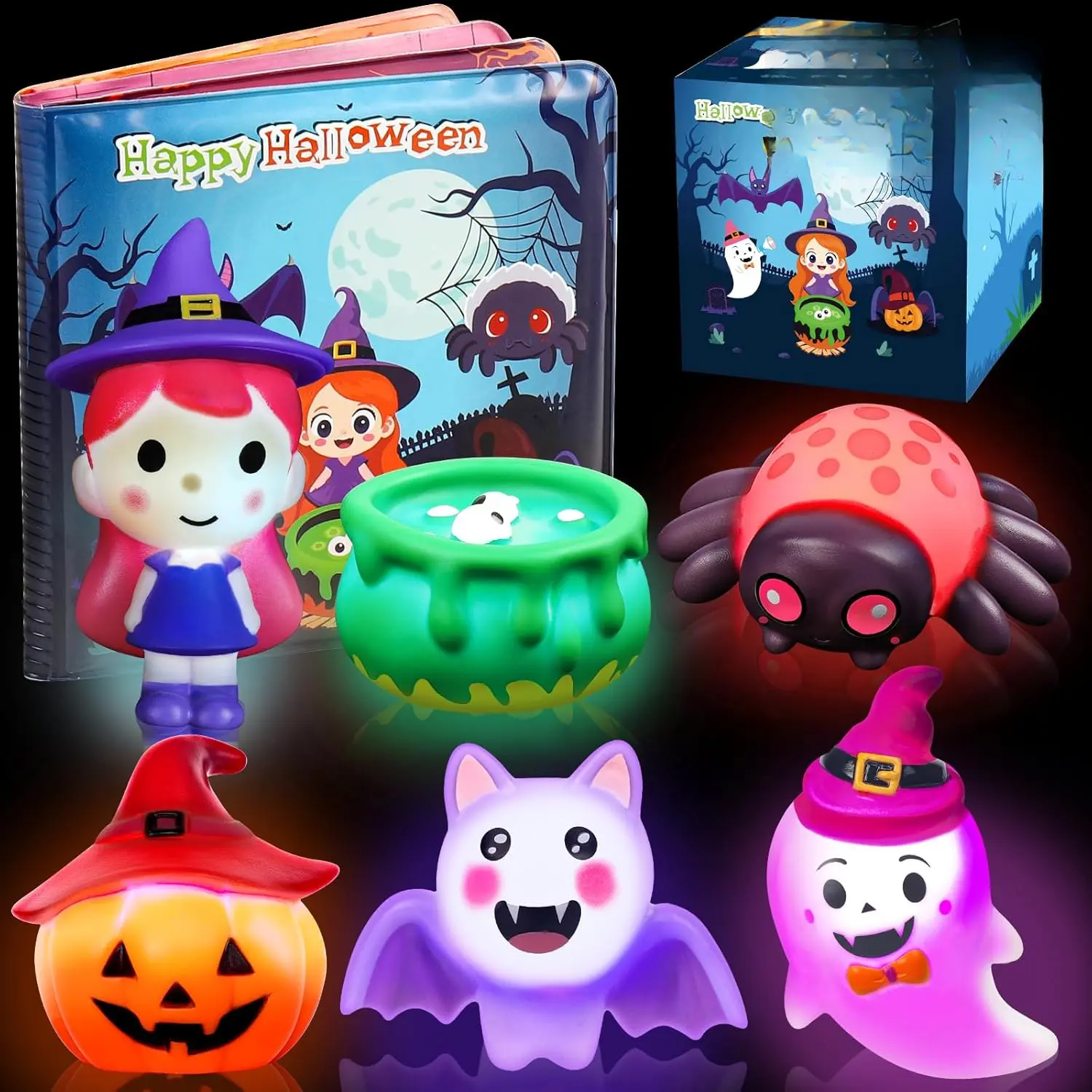 Halloween Light-Up Plastic Bath Toy Bundle for 3-6 Years Toddlers, 7PCS No-Hole Set with Magic Book, Witch, Cauldron, Bat, Ghost, Pumpkin, Spider - Halloween Party Favor Gift
