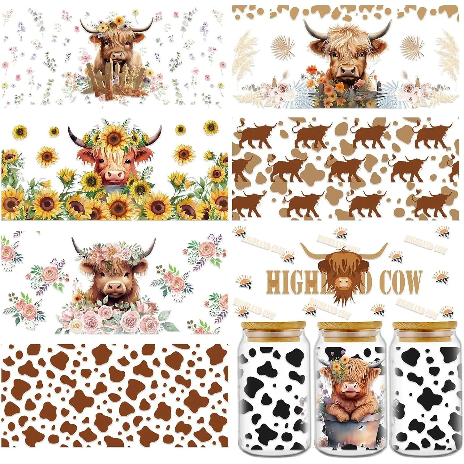 UV DTF Cup Wraps for 16 oz - 8 Sheets Highland Cow  UV DTF Cup Wrap Floral Uvdtf Cup Wraps for Glass Cups  Crafts Rub  Transfer Stickers