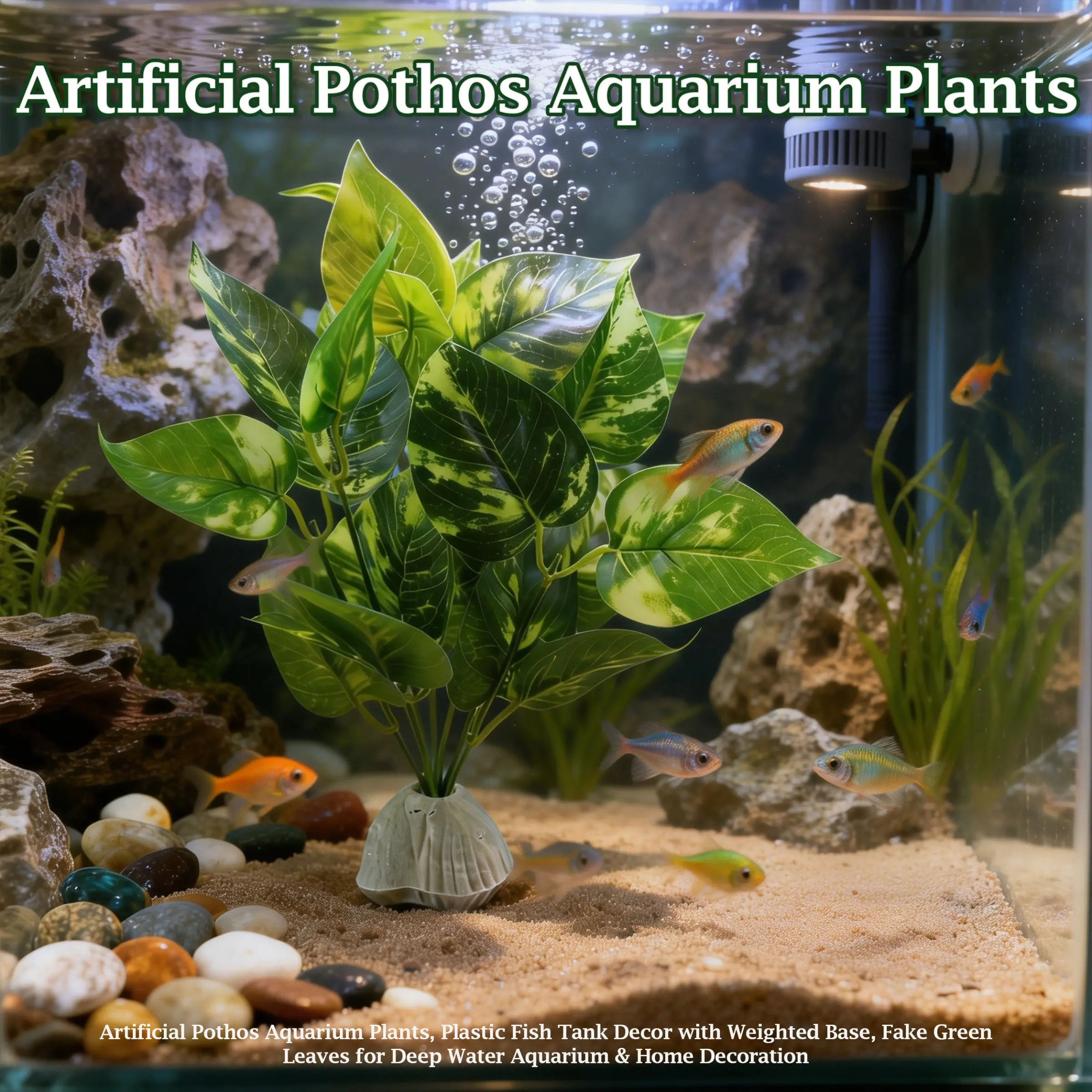 Realistic Pothos Aquarium Plants with Weighted Base, Plastic Aquascaping Decor, Fake Water Grass Fish Tank Ornament, Realistic Plant Decoration
