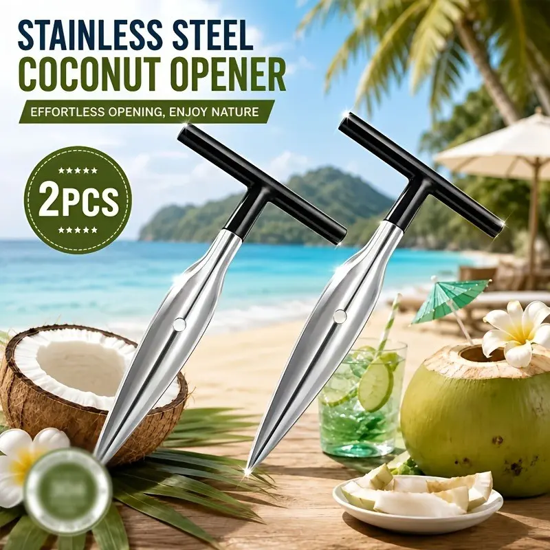 2-Pack Stainless Steel T-Shape Coconut Opener, Universal Tool for Young and Old Coconuts, Portable Coconut Shell Cutter for Juice Extraction