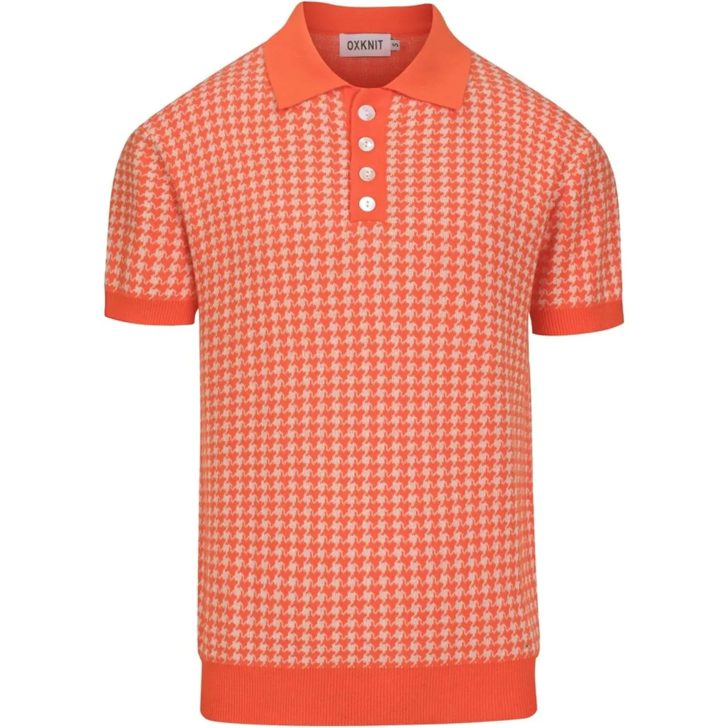 OXKNIT Men's Cotton Formal Knit Polo Shirt - Short Sleeve, Retro Classic Orange & Beige Pattern, Quarter Button, Fashion Garments for Golf, Jeans Pairing Ready, Fabric