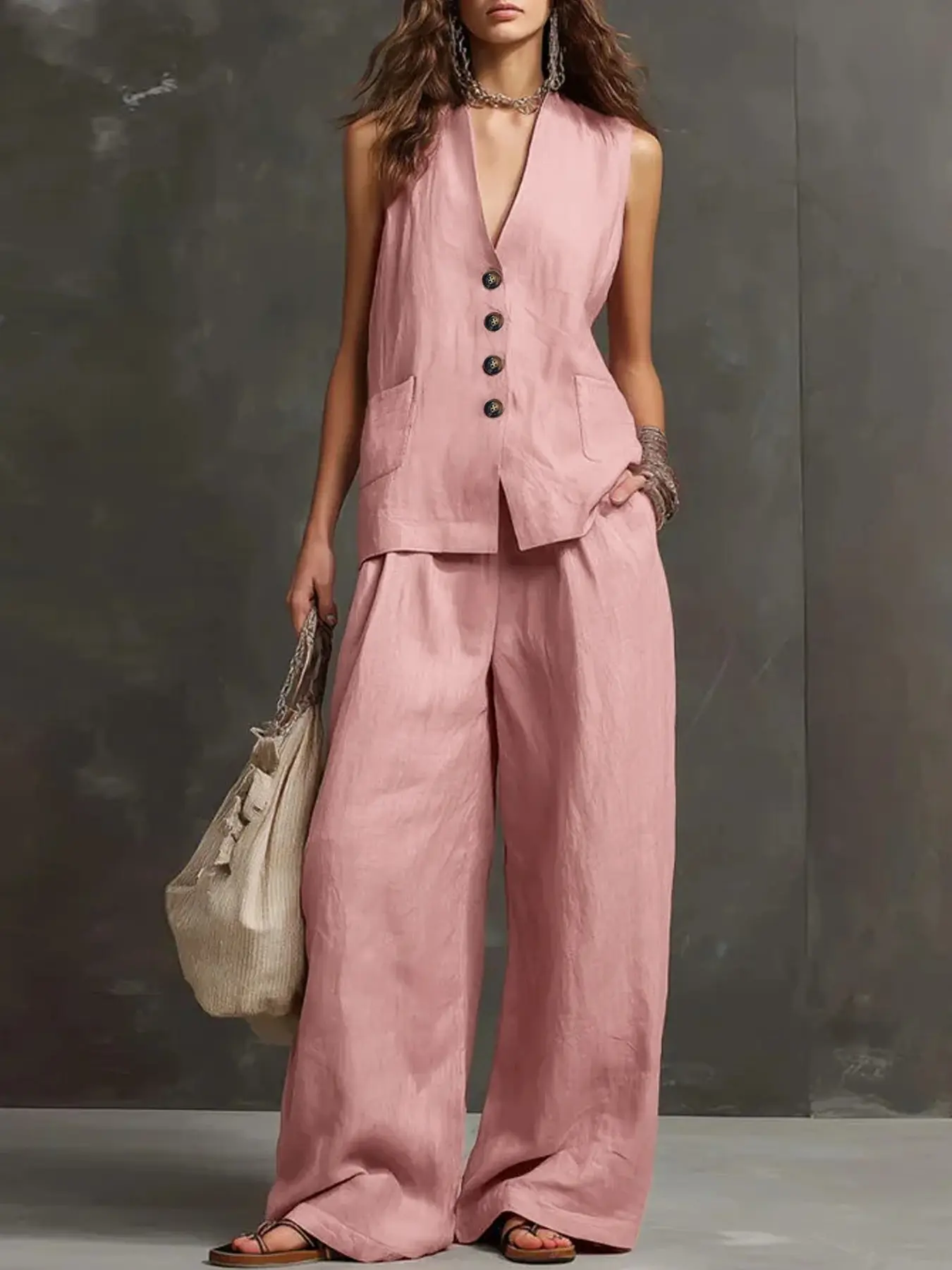 2 Pieces Co Ord Sets Sleeveless V Neck Button Down Vest With Side Pockets High Waist Loose Wide Leg Long Pants Elegant Relaxed Fit Matching Outfits Casual Holiday Brunch Travel Daily Wear Two Piece Suit For Women All Versatile Occasions