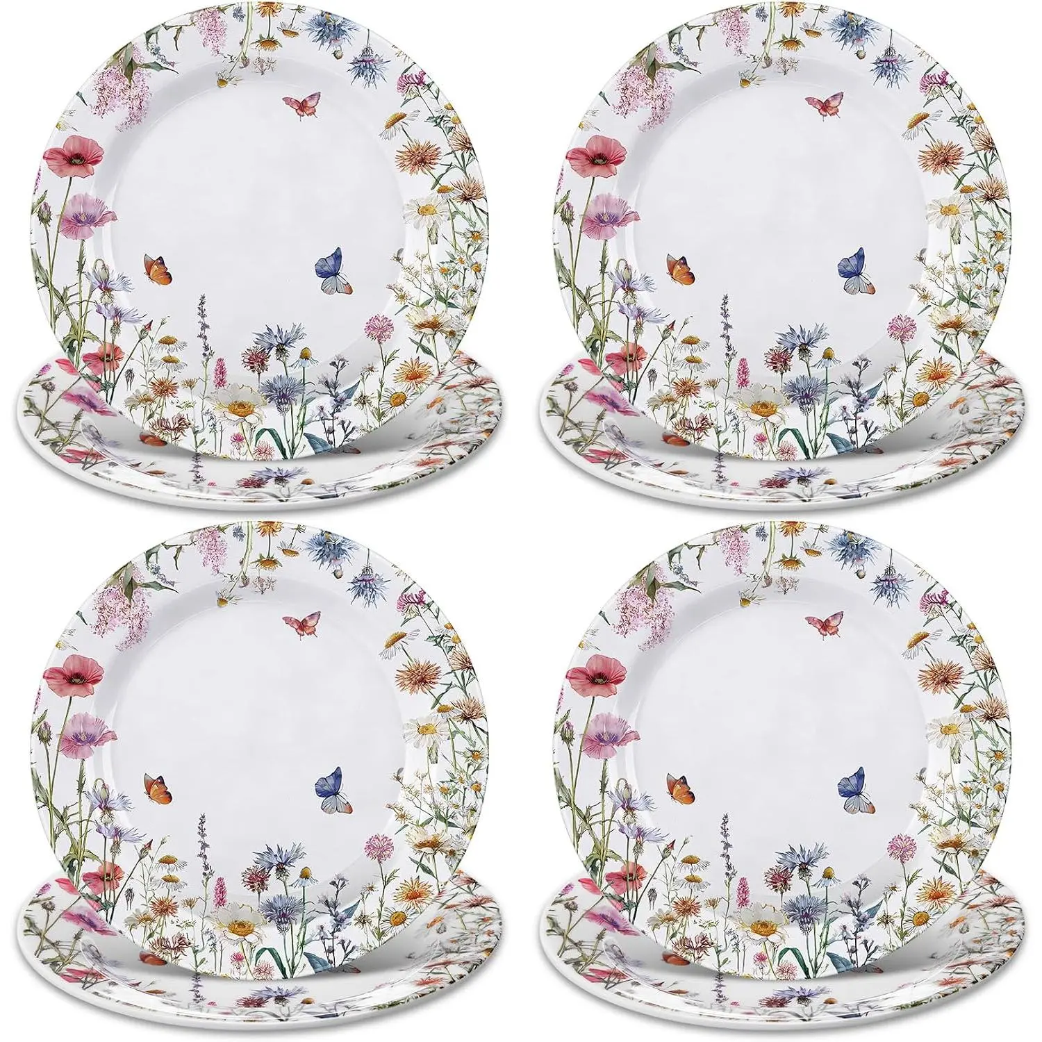 Round 8-Count 8" Wildflower Melamine Plates, Unbreakable Plastic Dinnerware for Weddings, Parties, Everyday Use, Flowers