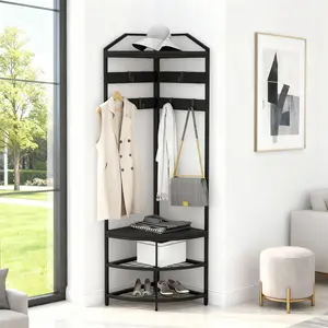 4-in-1 Freestanding Metal Corner Hall Tree Organizer equipped with 4 mesh storage shelves, 12 flexible movable hooks and bottom shoe rack, space-saving corner storage station perfect for entryway, bedroom, living room and office daily item arrangement