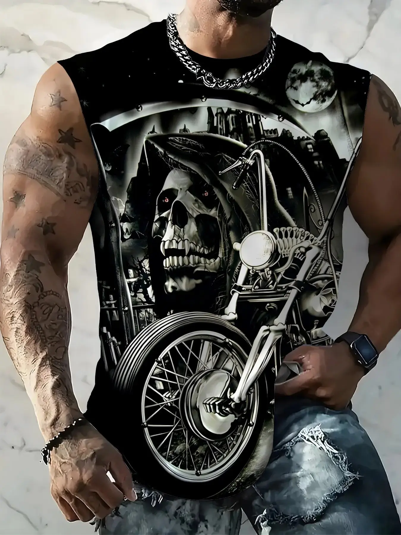 Men's Skull Motorcycle Pattern Sleeveless Vest, Trendy Street Style Streetwear Printed T-Shirt, Casual Summer Style Loose Fit Top, All over Print, Casual Summer Clothing, Menswear