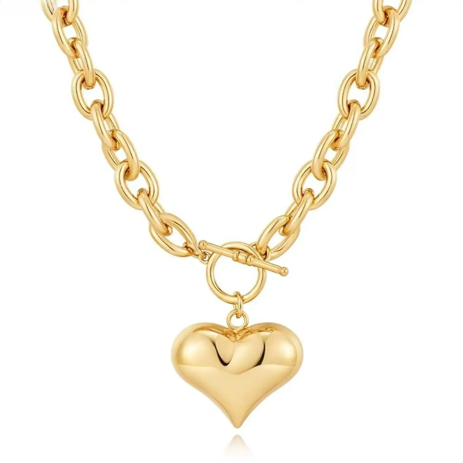 Gold Plated Chunky Chain Necklace featuring a puffy heart pendant and OT clasp. Trendy minimalist design, sturdy and wearable for daily looks and street style outfits.