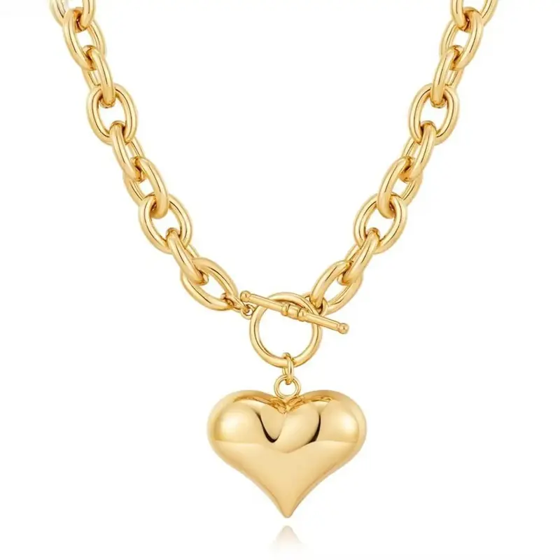 Gold Plated Chunky Chain Necklace featuring a puffy heart pendant and OT clasp. Trendy minimalist design, sturdy and wearable for daily looks and street style outfits.