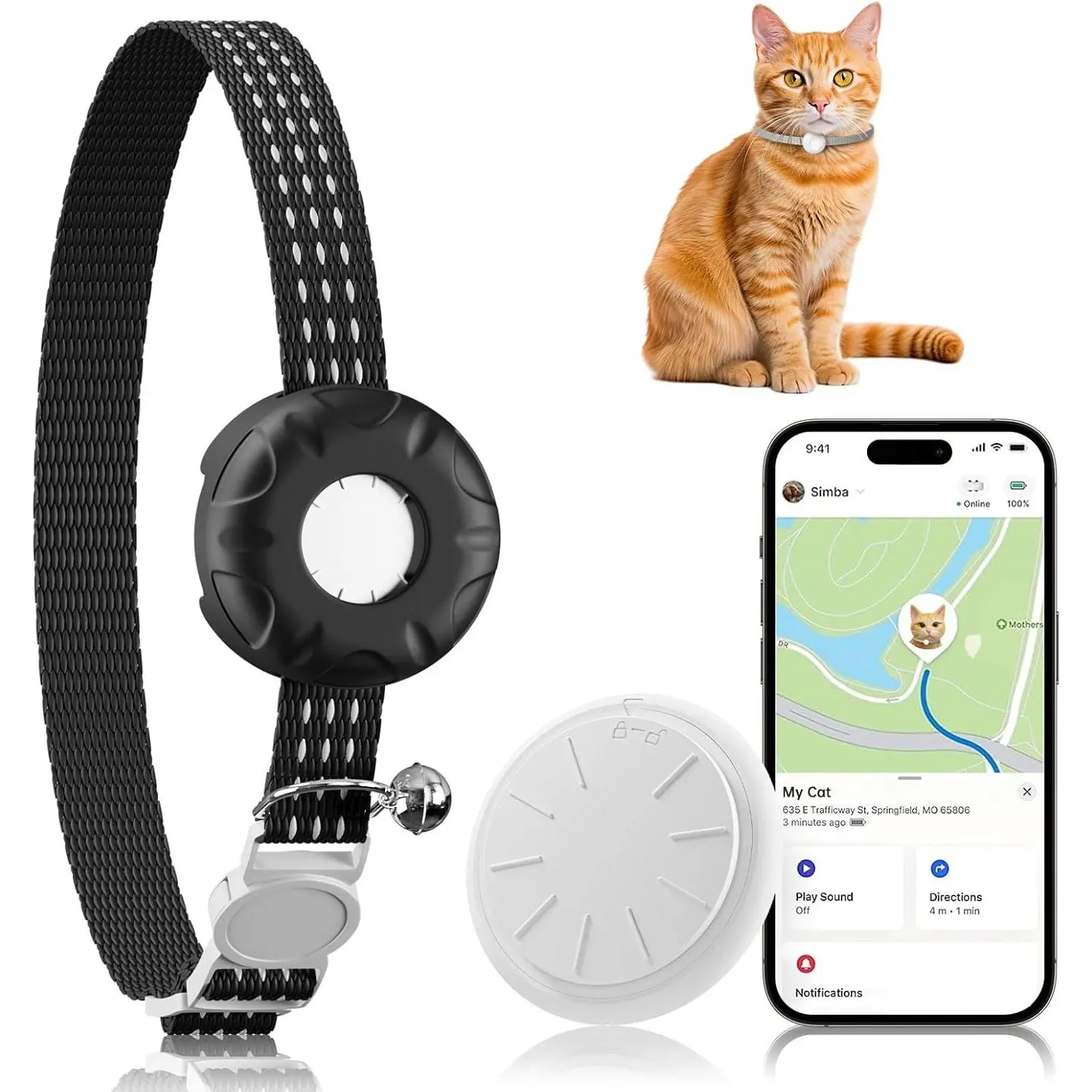 Cat Tracker, No Monthly Fee, Waterproof Pet Tracker for Cats, Compatible with Apple Find My App (Only iOS), Black
