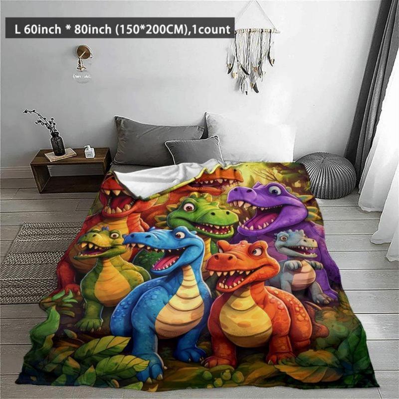 Colorful Cute Dinosaur Jungle Flannel Blanket Soft Cozy Gift Throw with Cheerful Cartoon Dino Design Perfect for Gifting to Kids Snuggling Warmly or Adding Playful Prehistoric Charm to Any Space