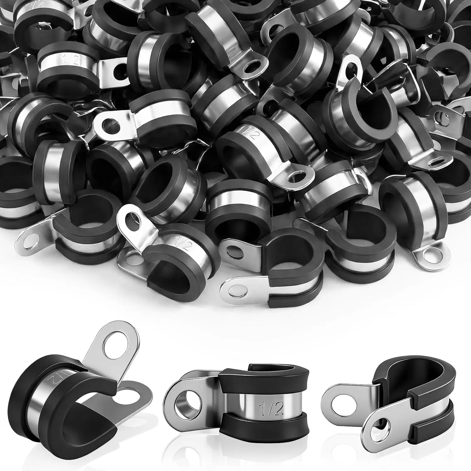 50 Pcs 1/2 Inch Stainless Steel Cable Clamps with Rubber Coated Cushioned Holder - Ideal for Secure Installation of Pipe, Tube, Wire Cord
