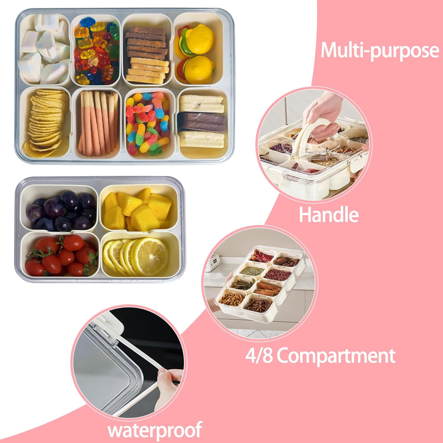 2 count Plastic Divided Serving Tray with Lid Snackle Box Charcuterie Container Portable Snack Platters Organizer for Candy, Fruits, Snacks, Nuts, for Party, Entertaining, Picnic (8 Compartment) 2 count Plastic Divided Serving Tray with Lid Snackle Box Charcuterie Container Portable Snack Platters Organizer for Candy, Fruits, Snacks, Nuts, for Party, Entertaining, Picnic (8 Compartment)