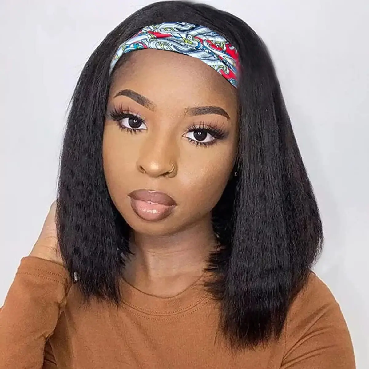Kinky Straight Headband Wig, Soft &  as Human Hair, Glueless Headband Wigs for Black Women, Long Black Italian Yaki Synthetic Half Wig (1B  Black, 14 Inch)