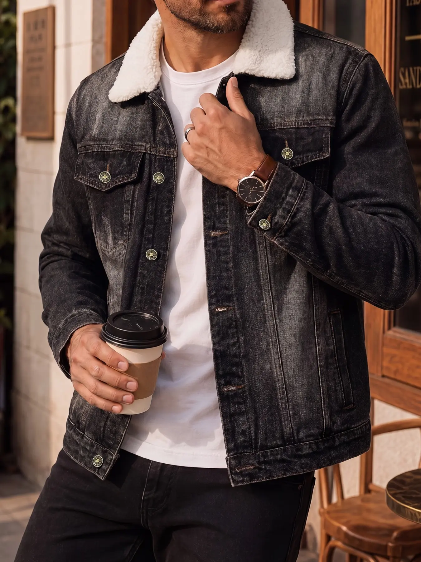 Men's denim jacket with plush collar design, vintage washed denim jacket, light retro American casual commuting style, long sleeve coats